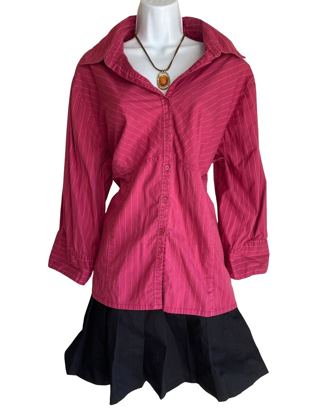 Vintage Plus 2X Pink Striped Collared Button Up Tunic Blouse Casual Officecore